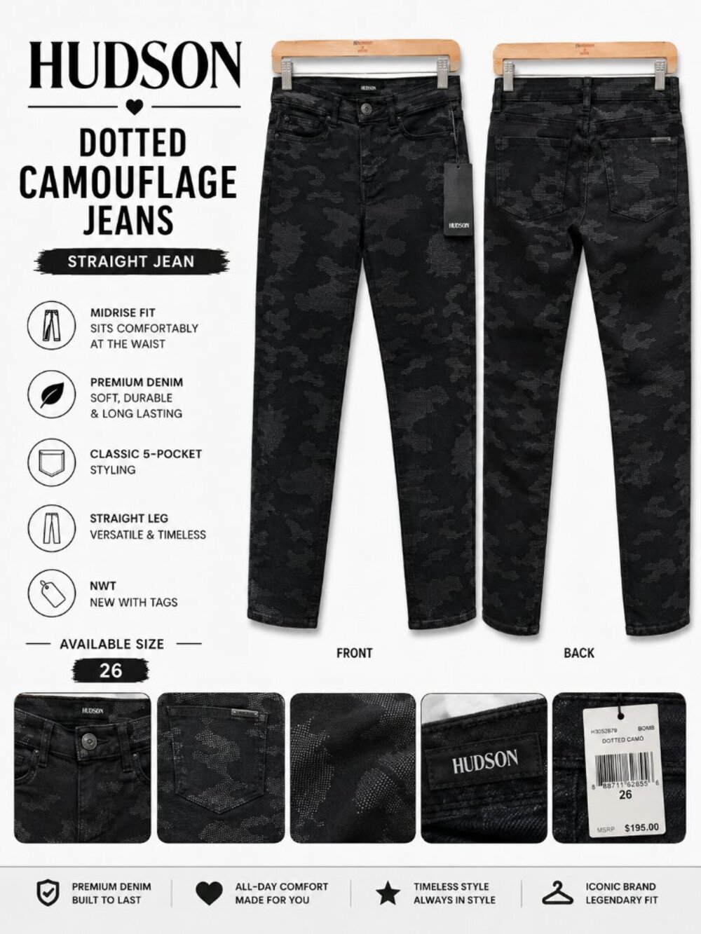 NWT Hudson Dotted Camouflage Jeans Black Women's Size 26